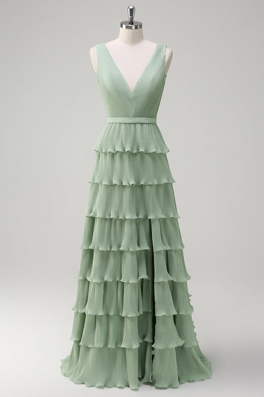 Robe de Demoiselle d'honneur Trapèze en Mousseline de Soie avec Volants et Niveaux, Décolleté en V, Couleur Sauge Poussiéreuse