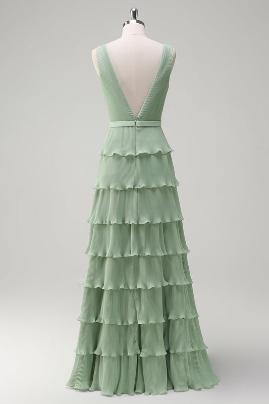 Robe de Demoiselle d'honneur Trapèze en Mousseline de Soie avec Volants et Niveaux, Décolleté en V, Couleur Sauge Poussiéreuse