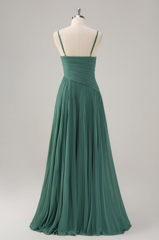 Robe de demoiselle d'honneur fendue en mousseline plissée à bretelles spaghetti et coupe trapèze Eucalyptus