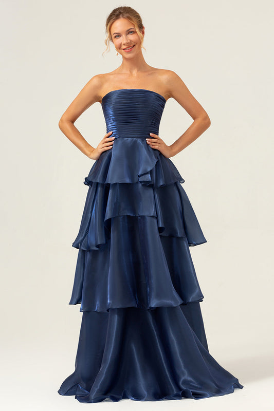 Robe de bal longue en satin bustier étagée coupe trapèze bleu marine foncé
