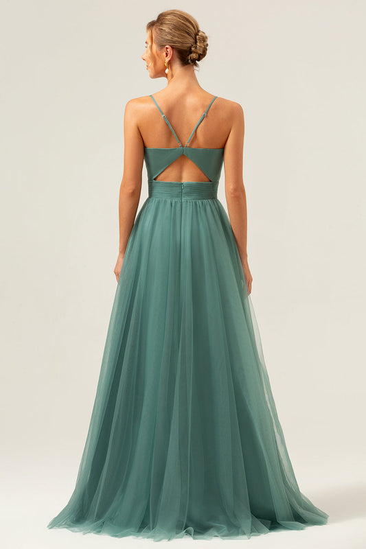 Robe longue de demoiselle d'honneur trapèze en tulle à bretelles spaghetti Eucalyptus
