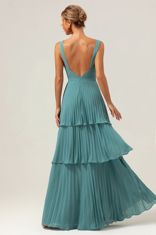 Robe de demoiselle d'honneur plissée à plusieurs niveaux en mousseline, coupe trapèze avec fines bretelles, motif eucalyptus