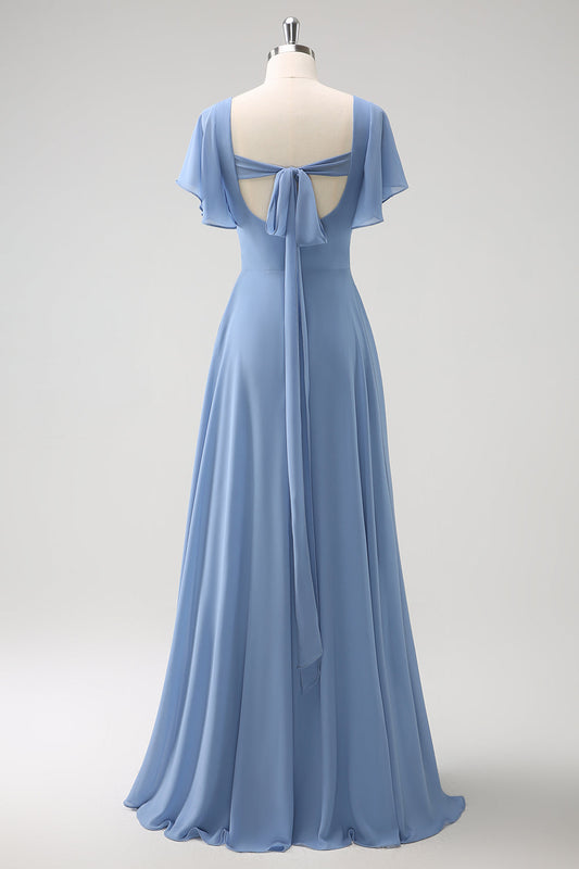 Grey Blue A-Line Chiffon Long Bridesmaid Dress with Slit