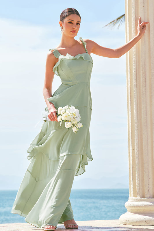 Robe de demoiselle d'honneur longue corset en mousseline de soie coupe trapèze à volants vert clair