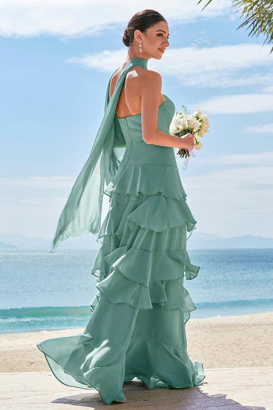 Robe longue de demoiselle d'honneur à volants, ligne A, bustier, eucalyptus, avec ruban