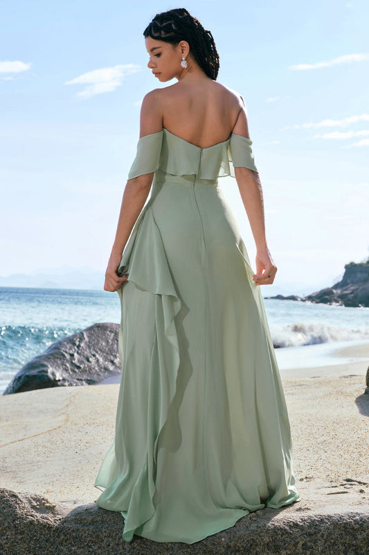 Robe longue de demoiselle d'honneur vert clair sirène, épaules dénudées, avec fente à volants