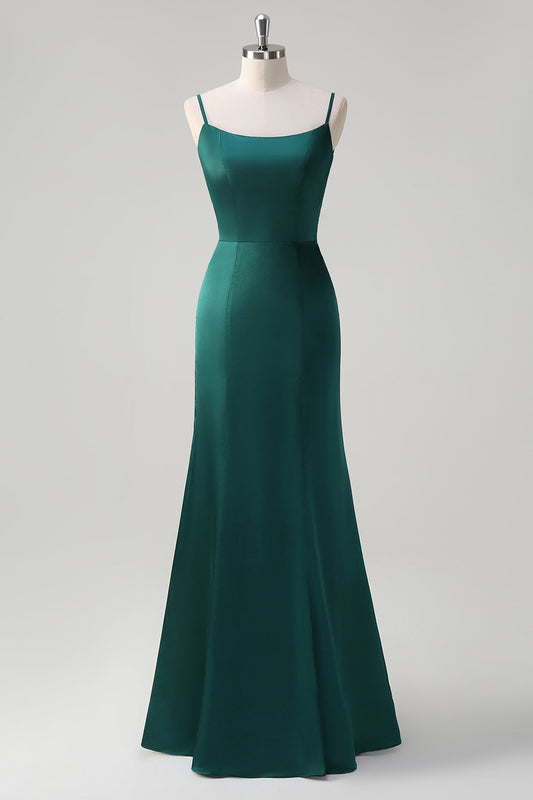 Robe longue de demoiselle d'honneur vert foncé sirène à bretelles spaghetti en satin avec nœud et volants
