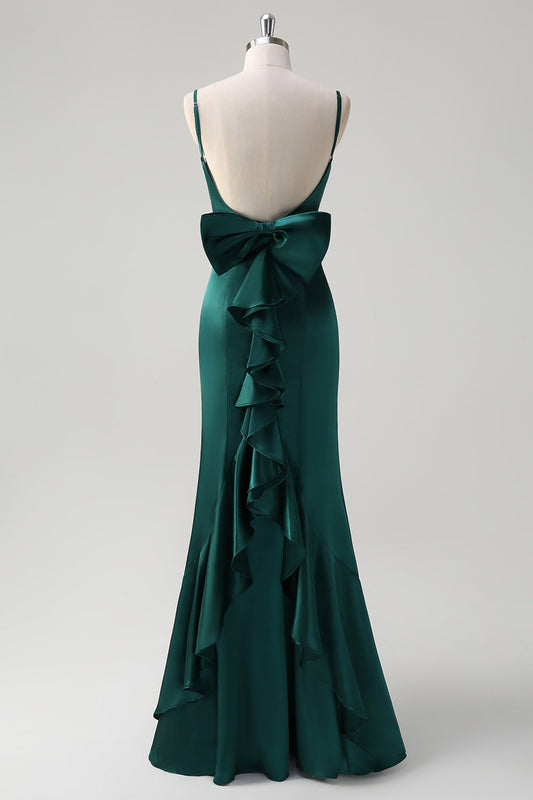 Robe longue de demoiselle d'honneur vert foncé sirène à bretelles spaghetti en satin avec nœud et volants