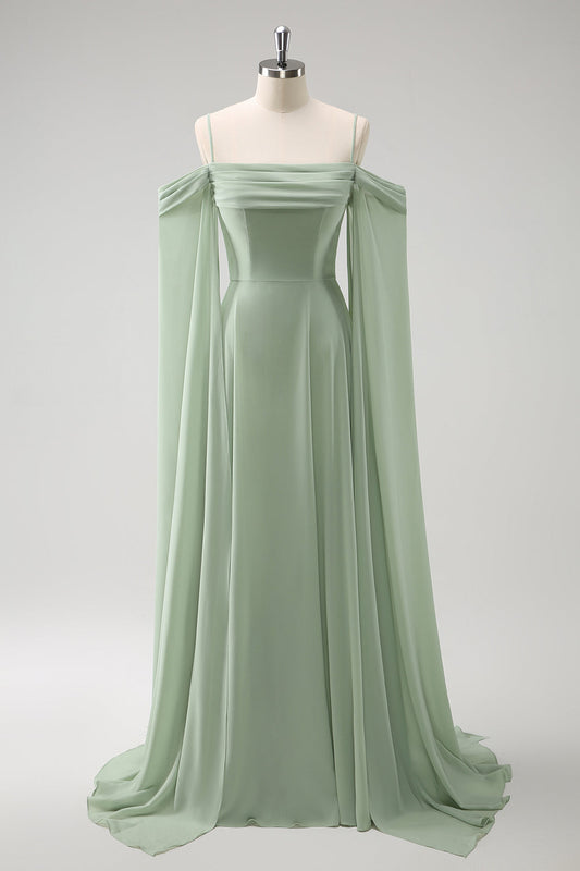 Robe longue de demoiselle d'honneur trapèze en mousseline vert clair à épaules dénudées et manches amovibles