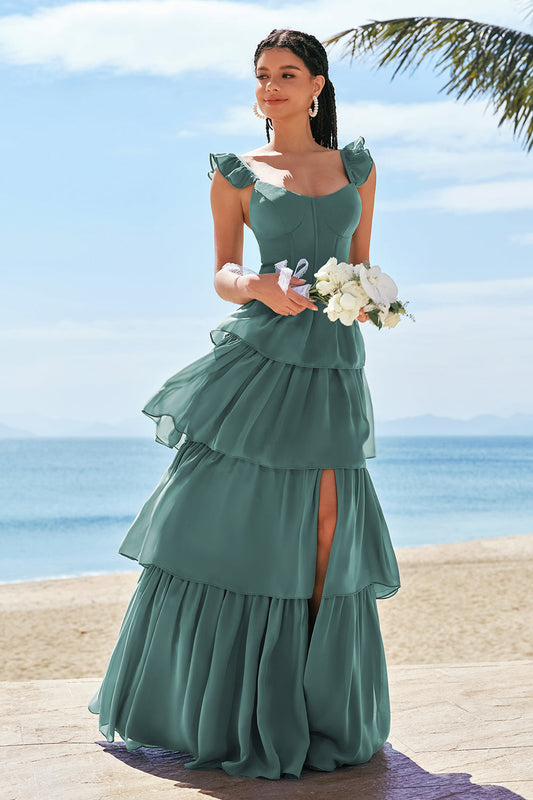 Robe de demoiselle d'honneur longue Eucalyptus avec corset trapèze, volants étagés et fente