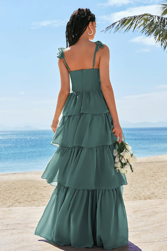 Robe de demoiselle d'honneur longue Eucalyptus avec corset trapèze, volants étagés et fente