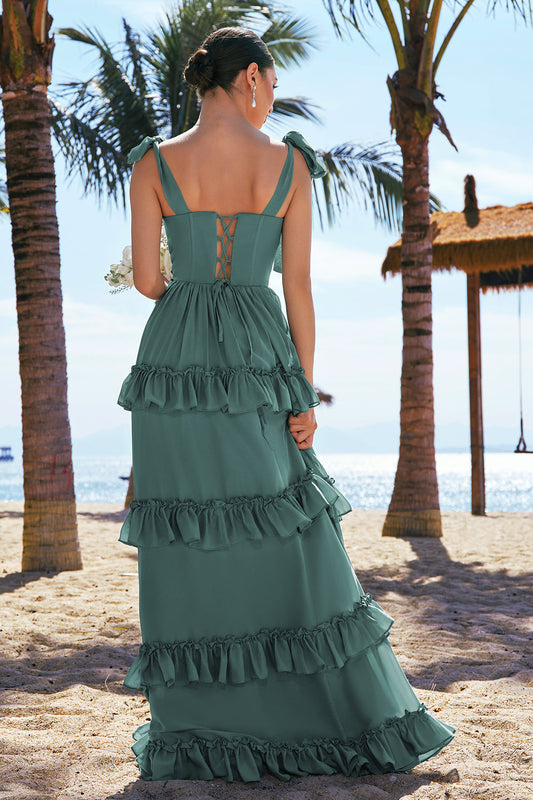 Robe longue de demoiselle d'honneur fendue en mousseline avec corset et bretelles à nœud, coupe trapèze, couleur eucalyptus