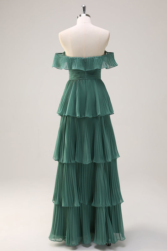 Robe longue de demoiselle d'honneur plissée à plusieurs niveaux, style ligne A, épaules dénudées, en eucalyptus, avec fente