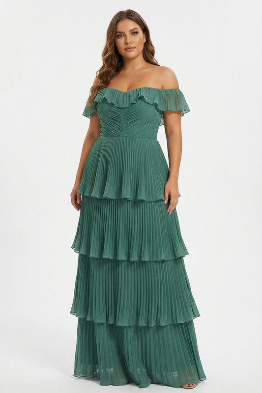 Robe de demoiselle d'honneur longue plissée à plusieurs niveaux, épaules dénudées, ligne A, grande taille, couleur eucalyptus