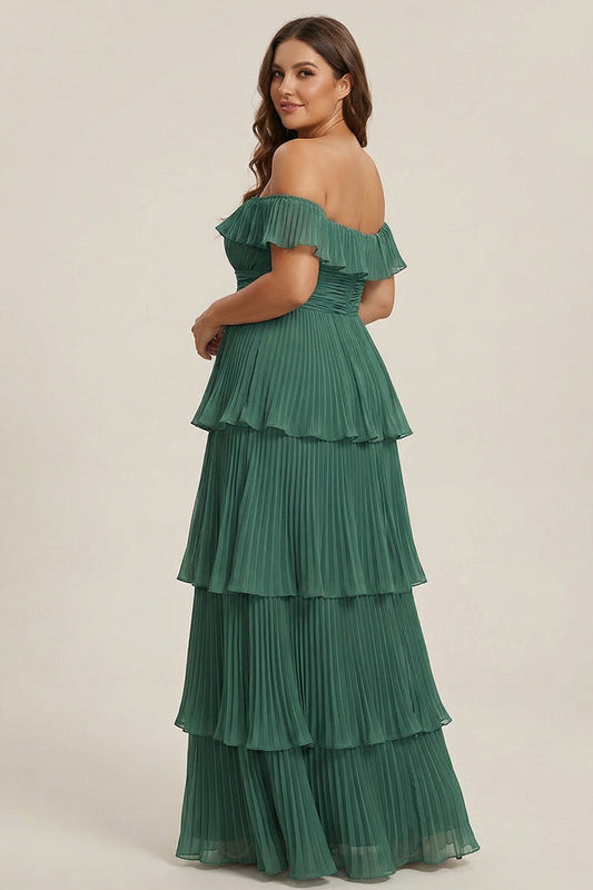 Robe de demoiselle d'honneur longue plissée à plusieurs niveaux, épaules dénudées, ligne A, grande taille, couleur eucalyptus