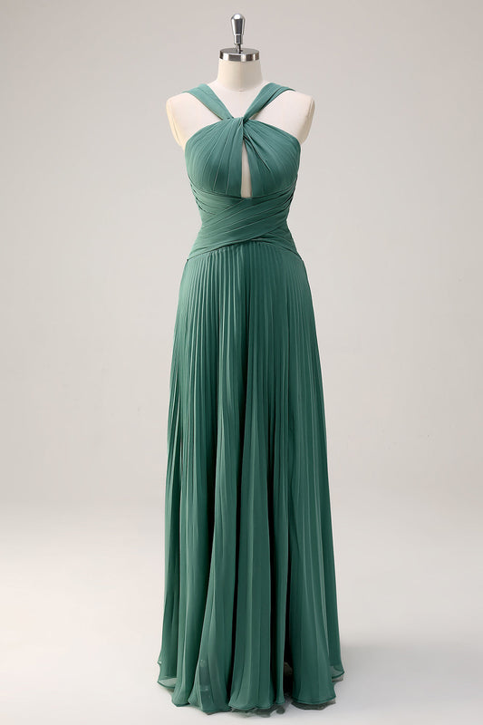 Eucalyptus A-Line Halter Neck Chiffon Pleated Long Bridesmaid Dress