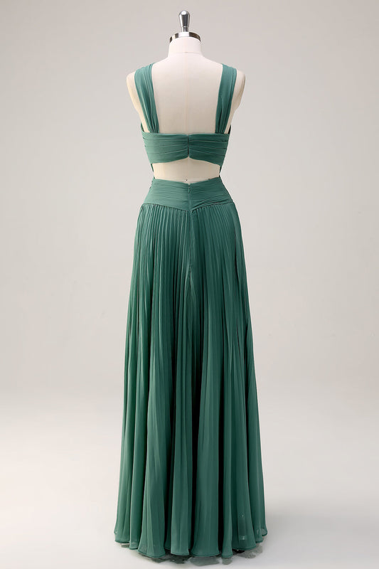 Eucalyptus A-Line Halter Neck Chiffon Pleated Long Bridesmaid Dress