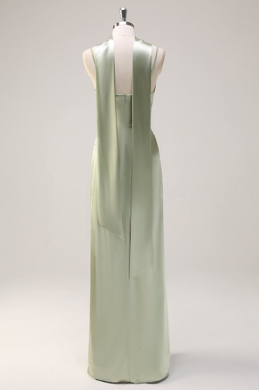 Sage Mermaid Ruched Long Ruched Streamer Satin Bridesmaid Dress with Slit