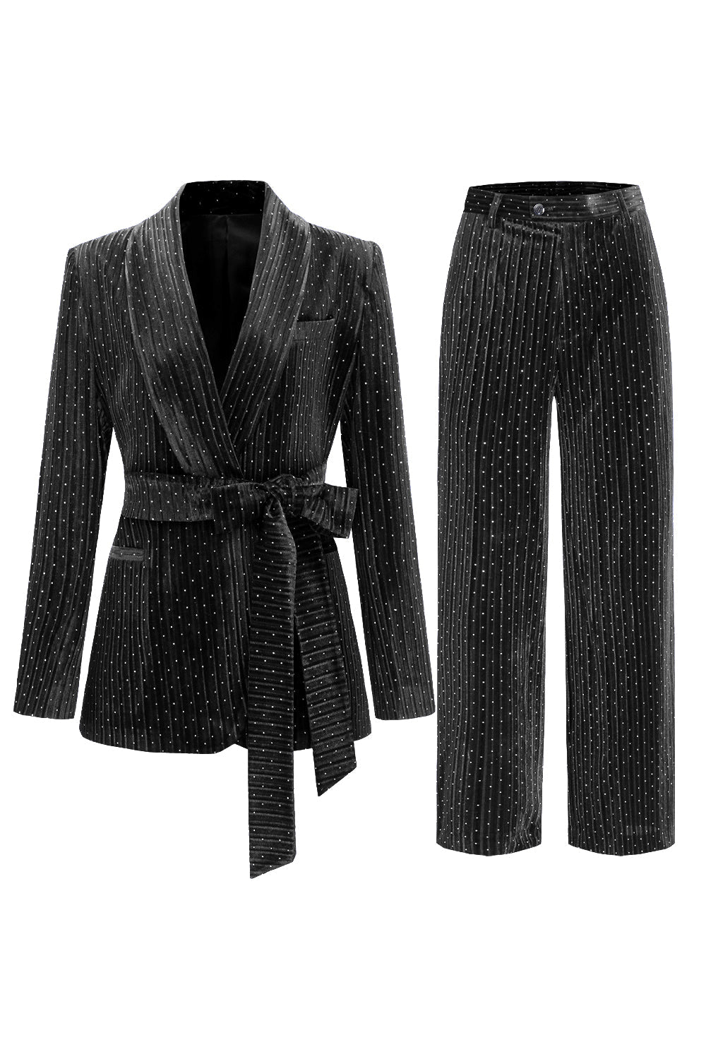 Costume deux pièces pour femme avec revers châle marine et ceinture