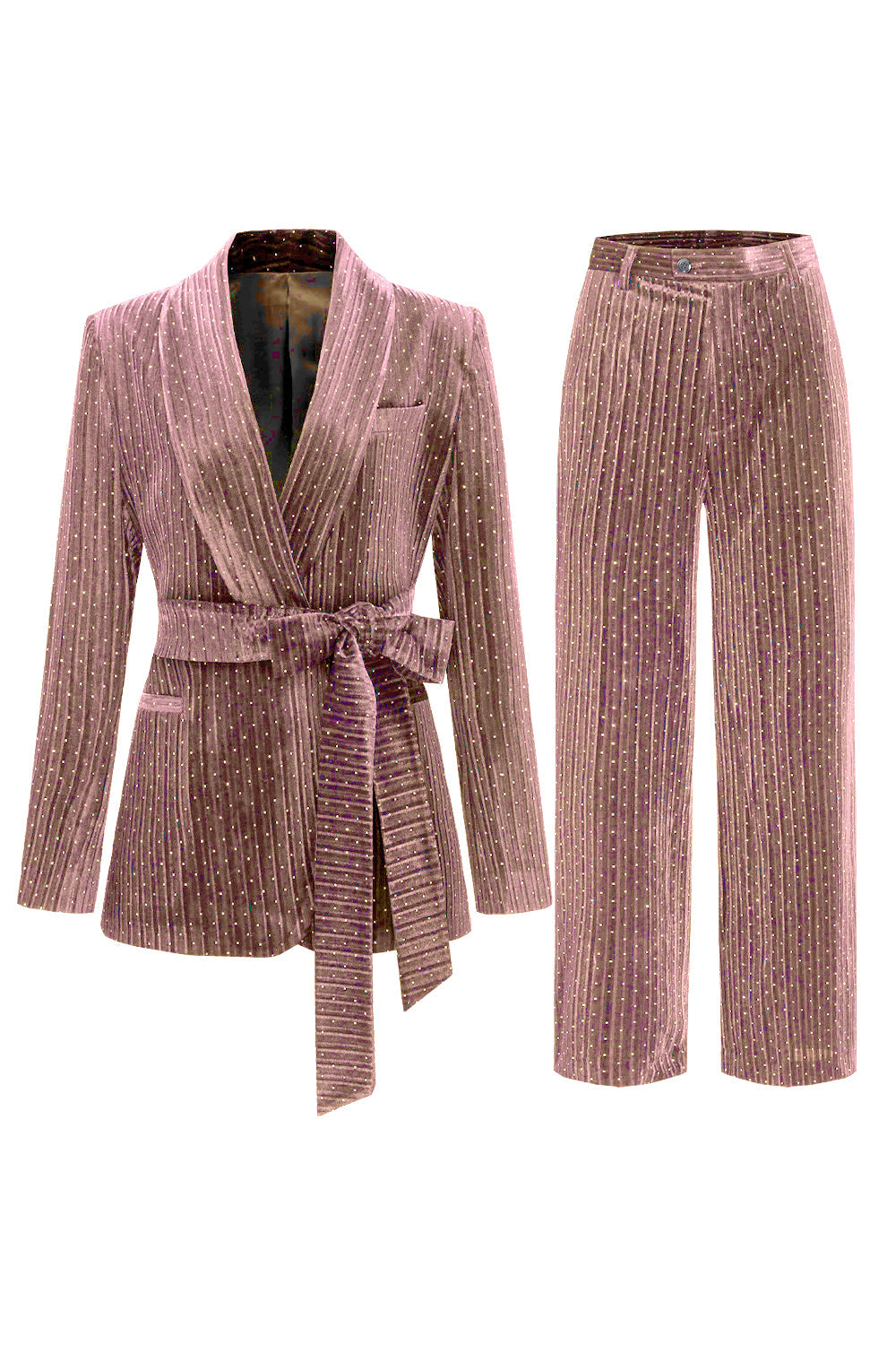 Costume deux pièces pour femme avec revers châle marine et ceinture