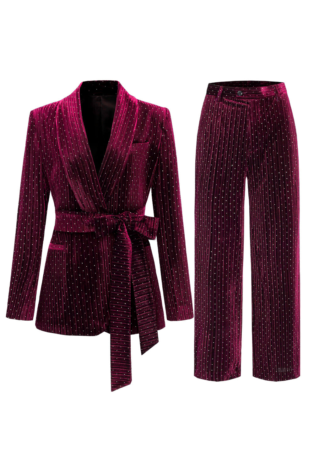 Costume deux pièces pour femme avec revers châle marine et ceinture
