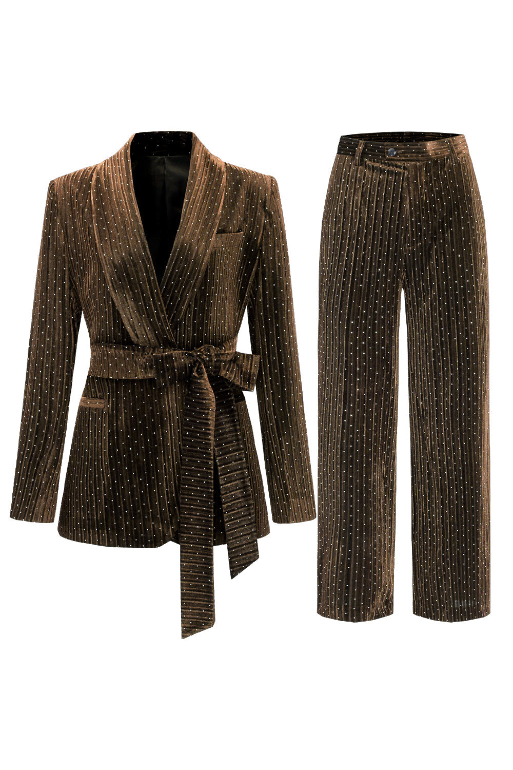Costume deux pièces pour femme avec revers châle marine et ceinture