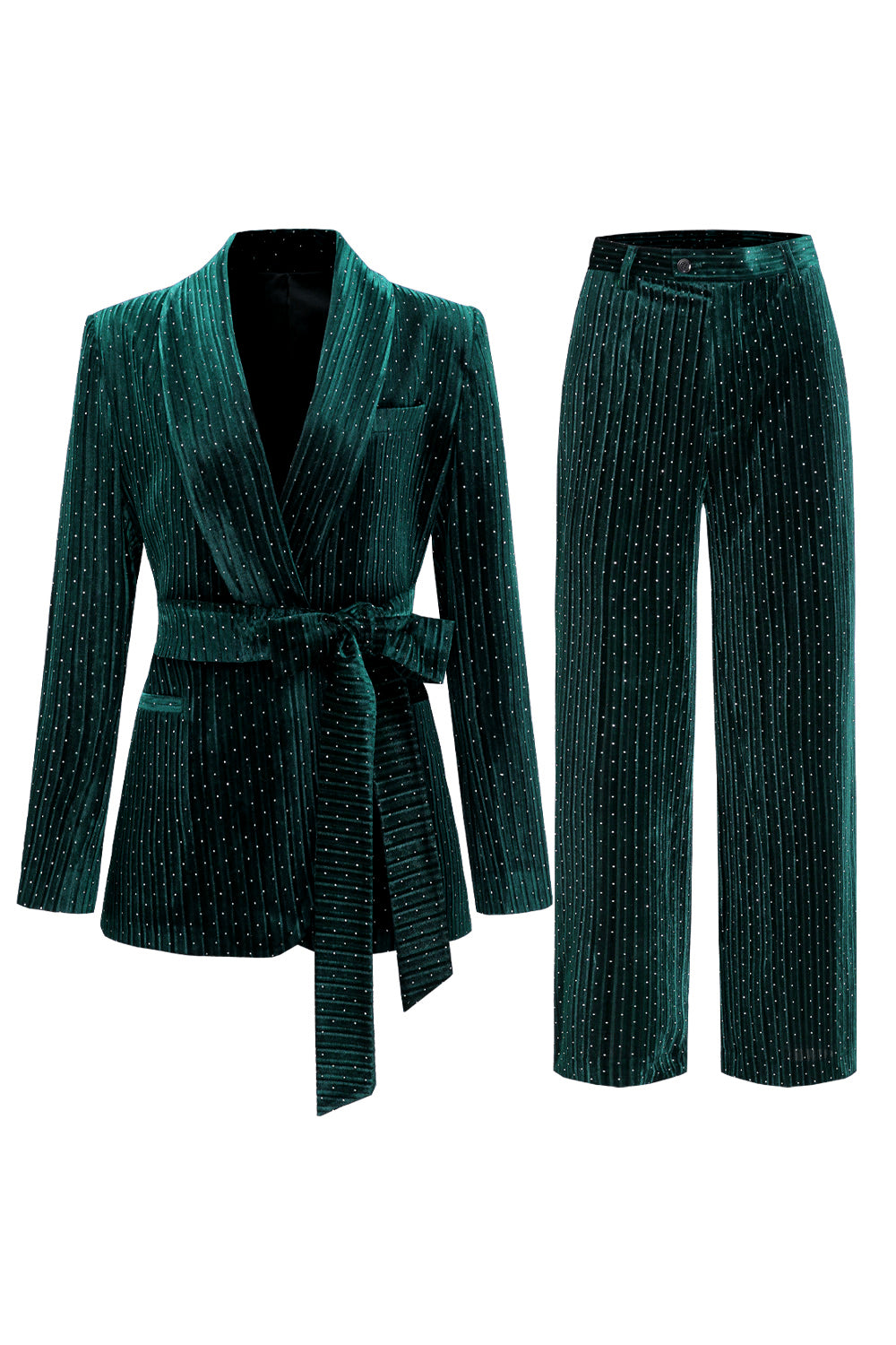 Costume deux pièces pour femme avec revers châle marine et ceinture