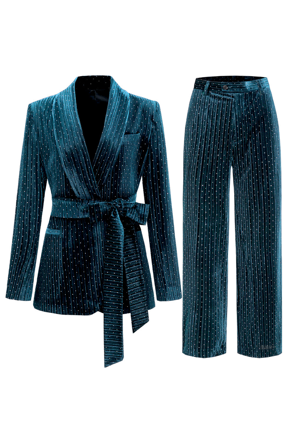 Costume deux pièces pour femme avec revers châle marine et ceinture