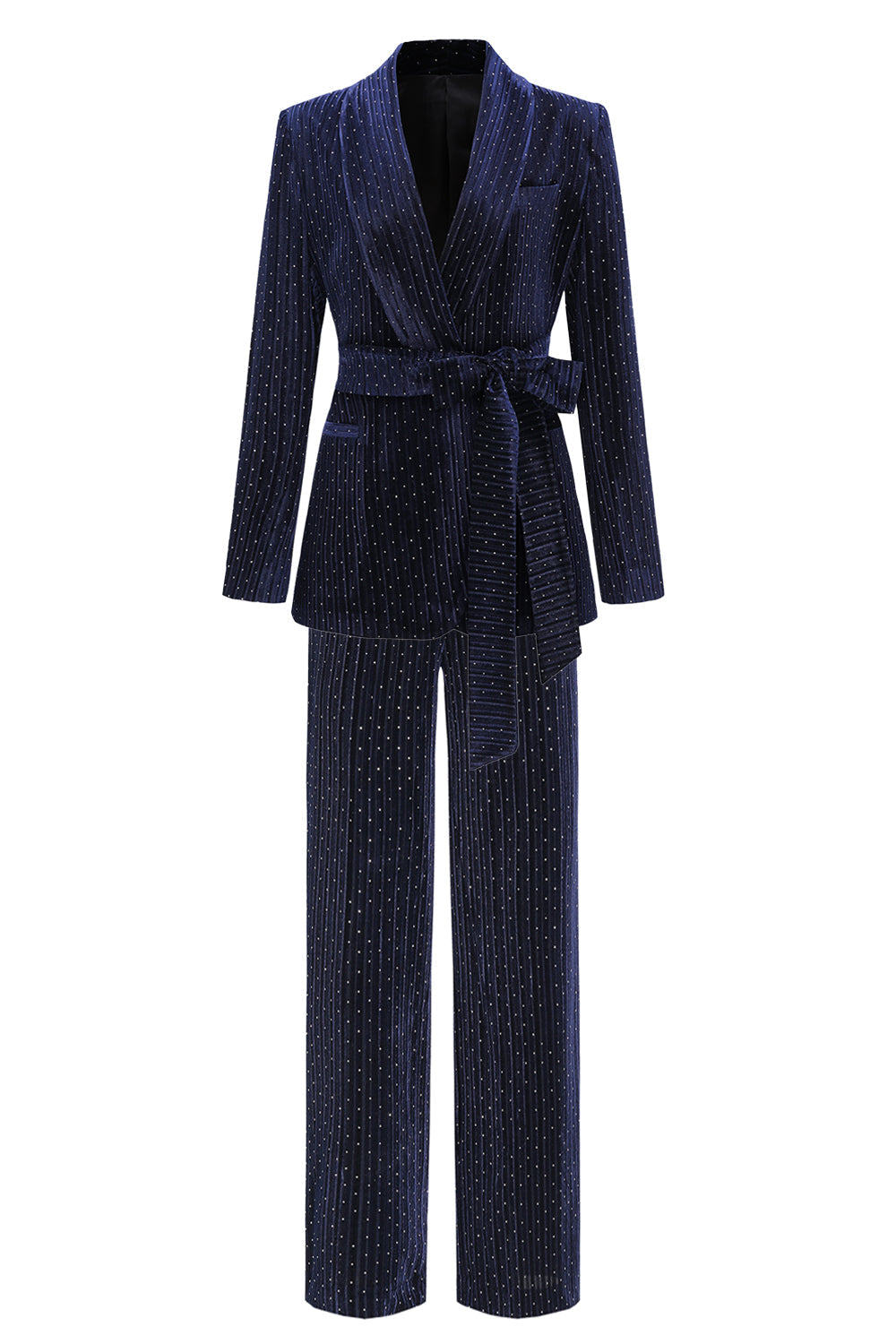 Costume deux pièces pour femme avec revers châle marine et ceinture