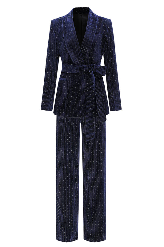 Navy Shawl Lapel 2-Piece Women's Suit with Belt