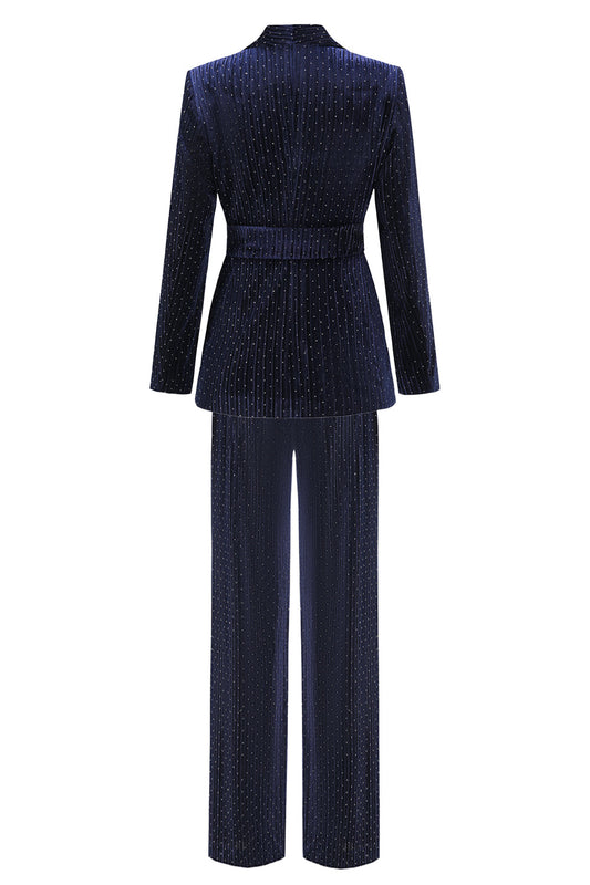 Navy Shawl Lapel 2-Piece Women's Suit with Belt