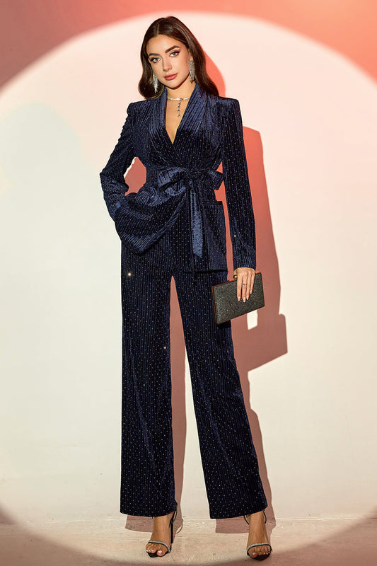 Navy Shawl Lapel 2-Piece Women's Suit with Belt