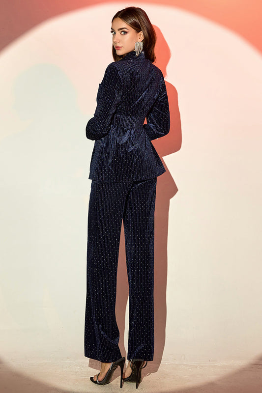 Navy Shawl Lapel 2-Piece Women's Suit with Belt