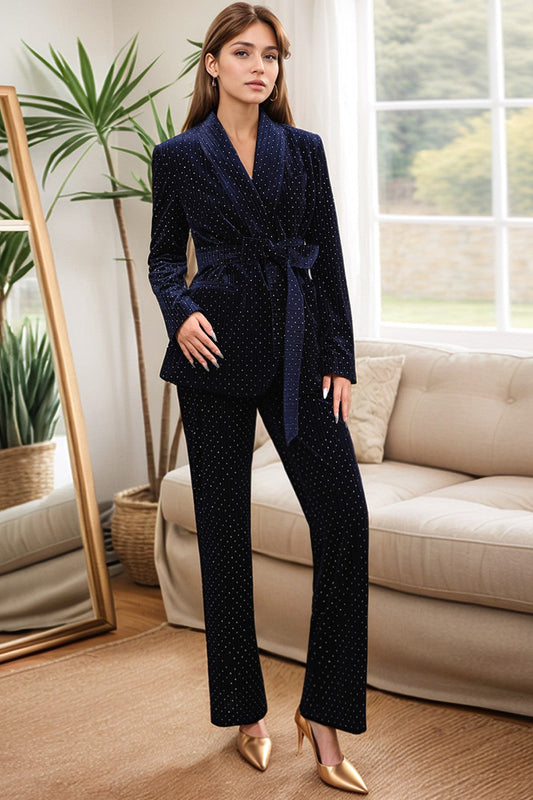 2-Piece Shawl Lapel Navy Women's Suits with Belt