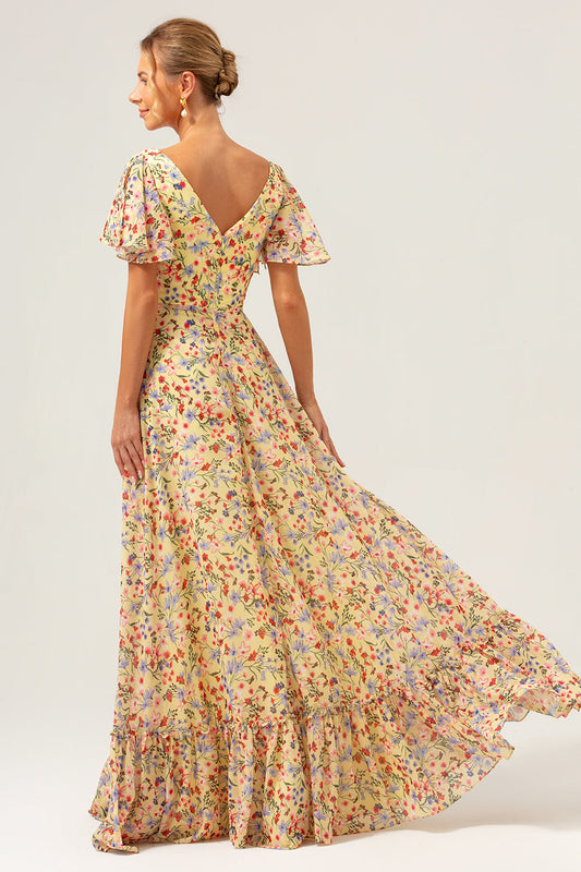Robe longue de bal de promo évasée à col en V et manches courtes, imprimée de fleurs jaunes