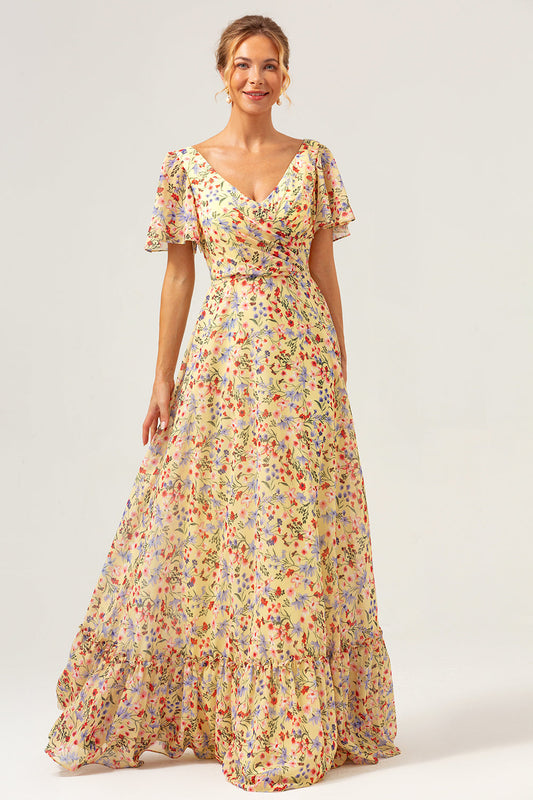 Robe longue de bal de promo évasée à col en V et manches courtes, imprimée de fleurs jaunes