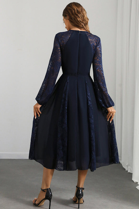 Navy A-Line Round Neck Long Prom Dress with Long Sleeves