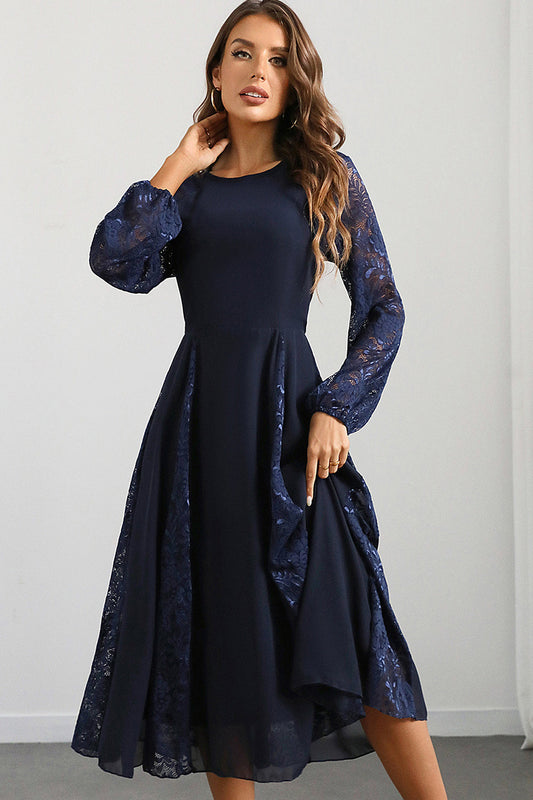 Navy A-Line Round Neck Long Prom Dress with Long Sleeves