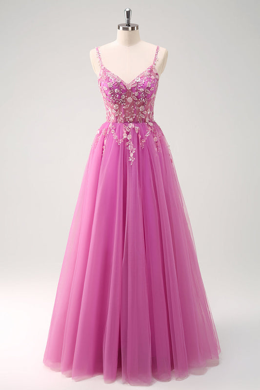 Robe de bal longue en trapèze violet scintillant avec fente et applications