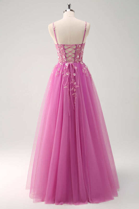Robe de bal longue en trapèze violet scintillant avec fente et applications