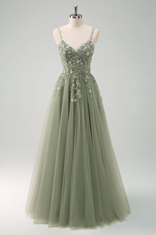 Robe de bal longue en A évasée verte scintillante avec corset à bretelles spaghetti
