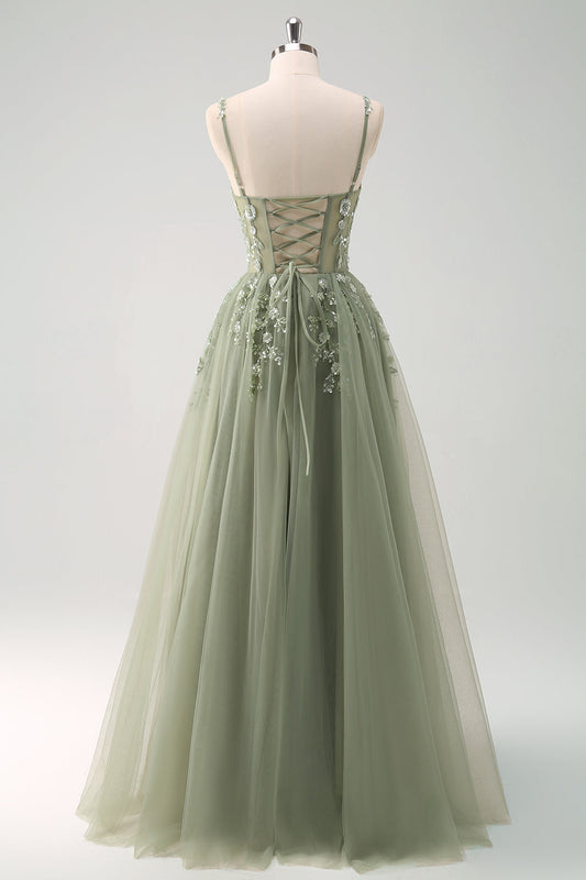 Robe de bal longue en A évasée verte scintillante avec corset à bretelles spaghetti