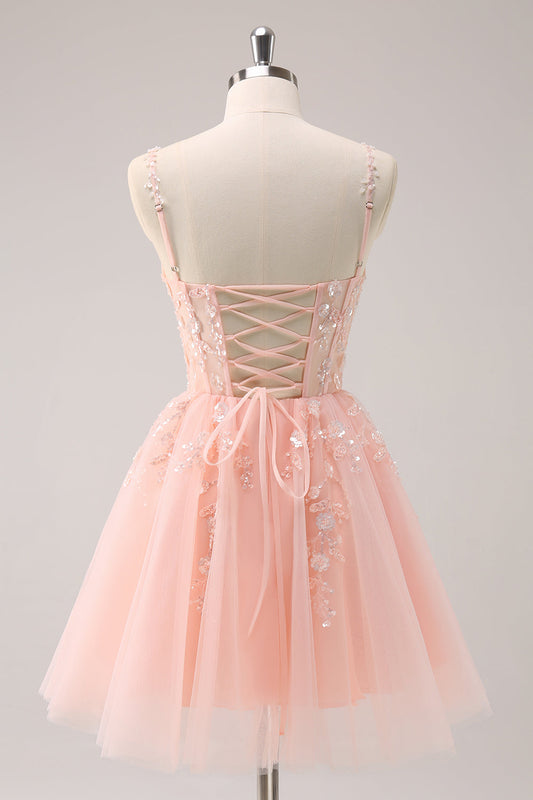 Robe de bal de fin d'année trapèze en tulle à fines bretelles avec corset et paillettes, agrémentée d'appliques