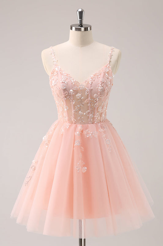 Robe de bal de fin d'année trapèze en tulle à fines bretelles avec corset et paillettes, agrémentée d'appliques