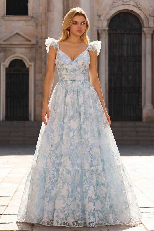Light Blue A-Line Printed Floral V-Neck Long Prom Dress