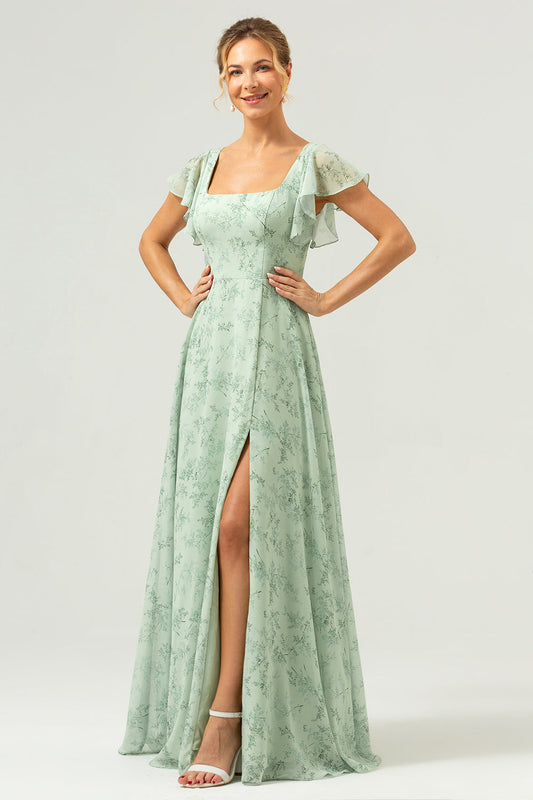 Robe longue de demoiselle d'honneur fendue, imprimé floral, col carré, coloris sauge poussiéreux