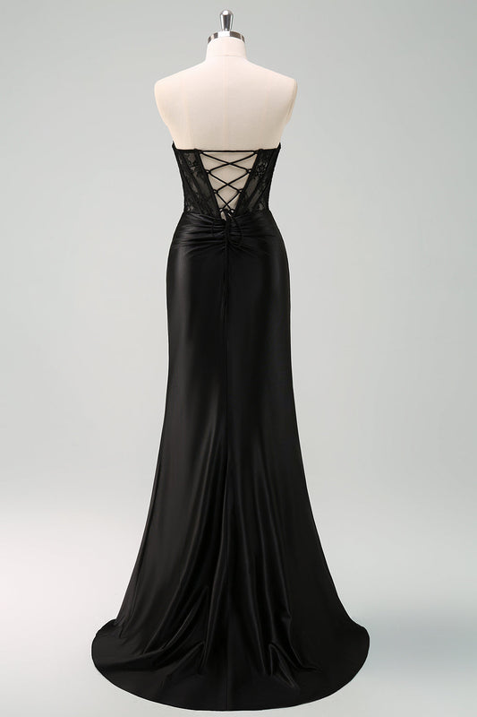 Robe de bal longue noire bustier sirène froncée corsage