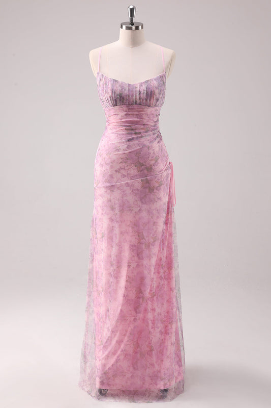 Robe de bal longue fourreau à bretelles spaghetti et imprimé floral rose