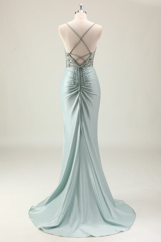 Sparkly Dusty Green Mermaid Sequins Spaghetti Straps Long Prom Dress with Slit