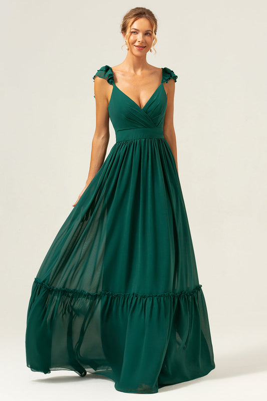 Robe longue de demoiselle d'honneur en mousseline vert foncé, coupe trapèze, col en V et froncée